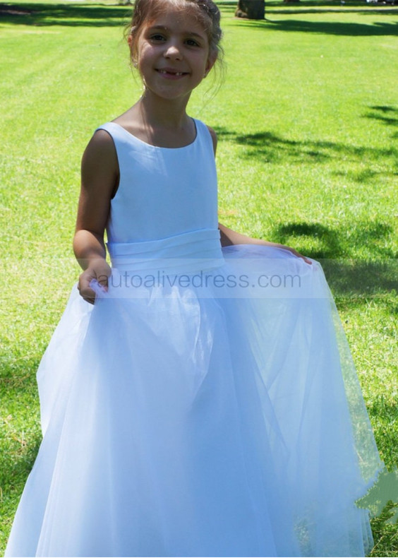 White Satin Tulle V Back Flower Girl Dress